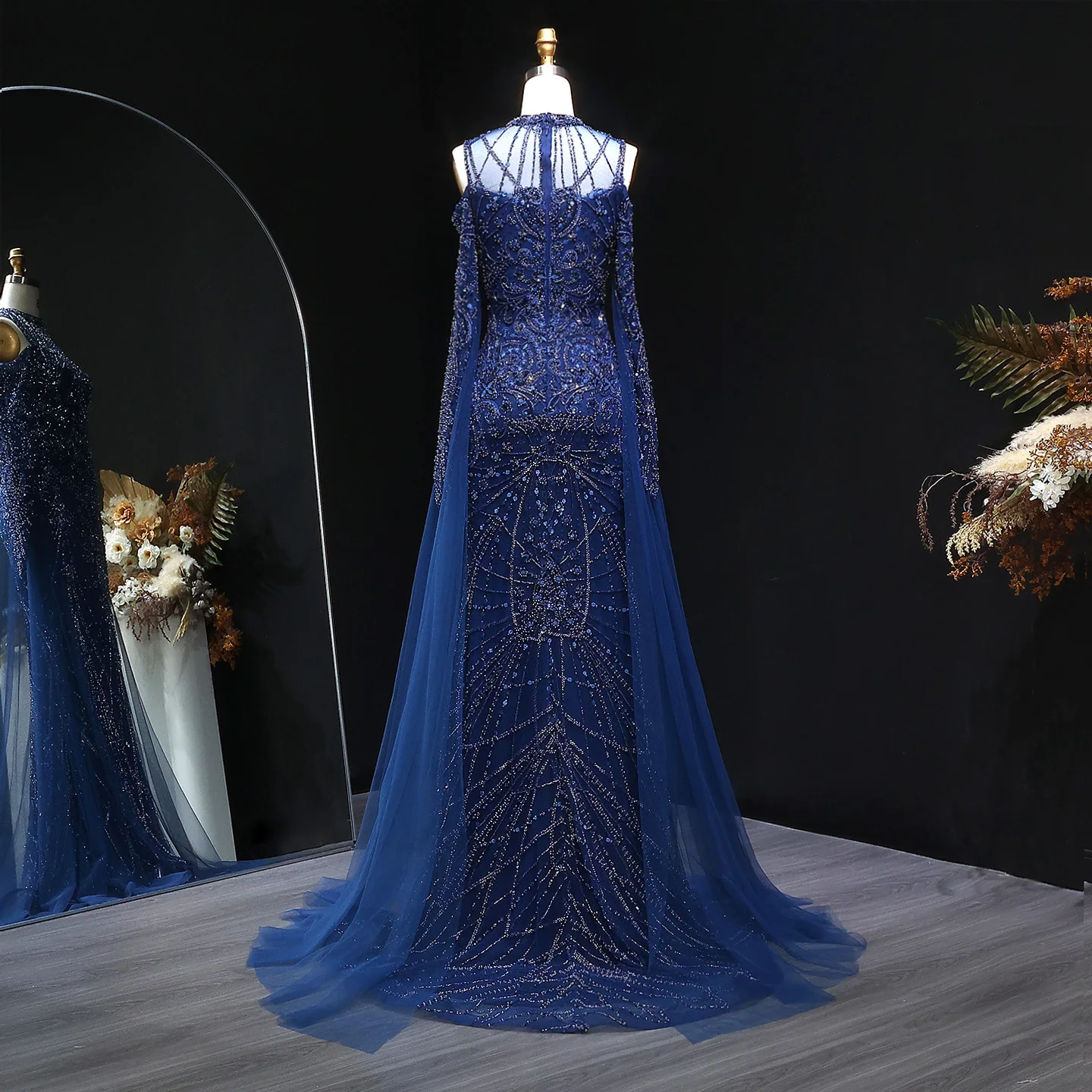 Sharon Said Marineblaues Luxus-Meerjungfrauenkleid mit Off-Shoulder-Ausschnitt und Langen Ärmeln für Damen, Hochzeit, Party, Abendkleid SS111 Maßanfertigung – Detail 10