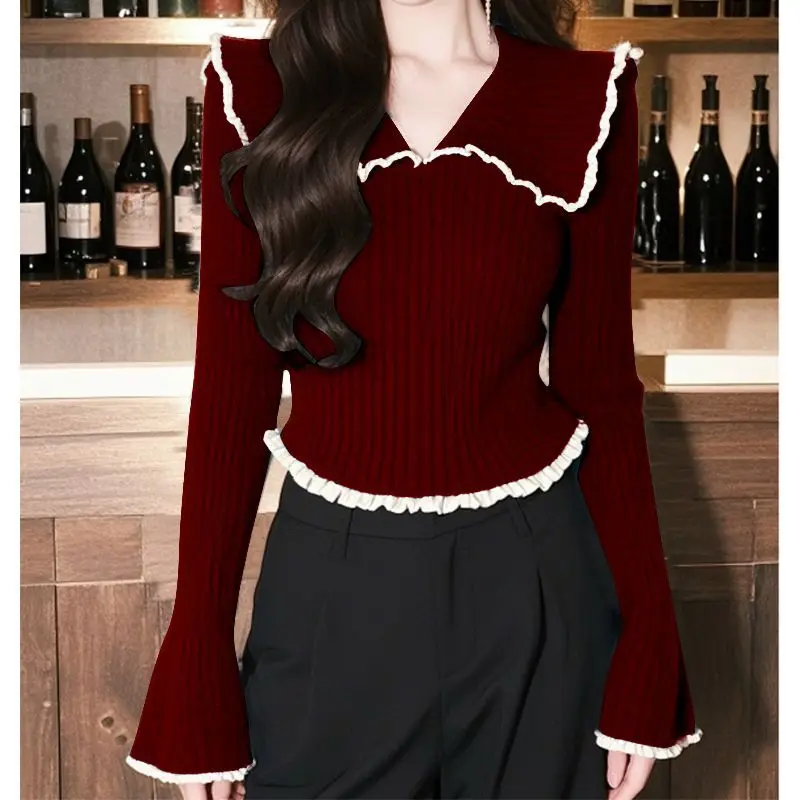 

2025 Spring Lapel Lace Flared Sleeve Blue Sweater Women's Korean Knitted Tops Female Pullover Sweater
