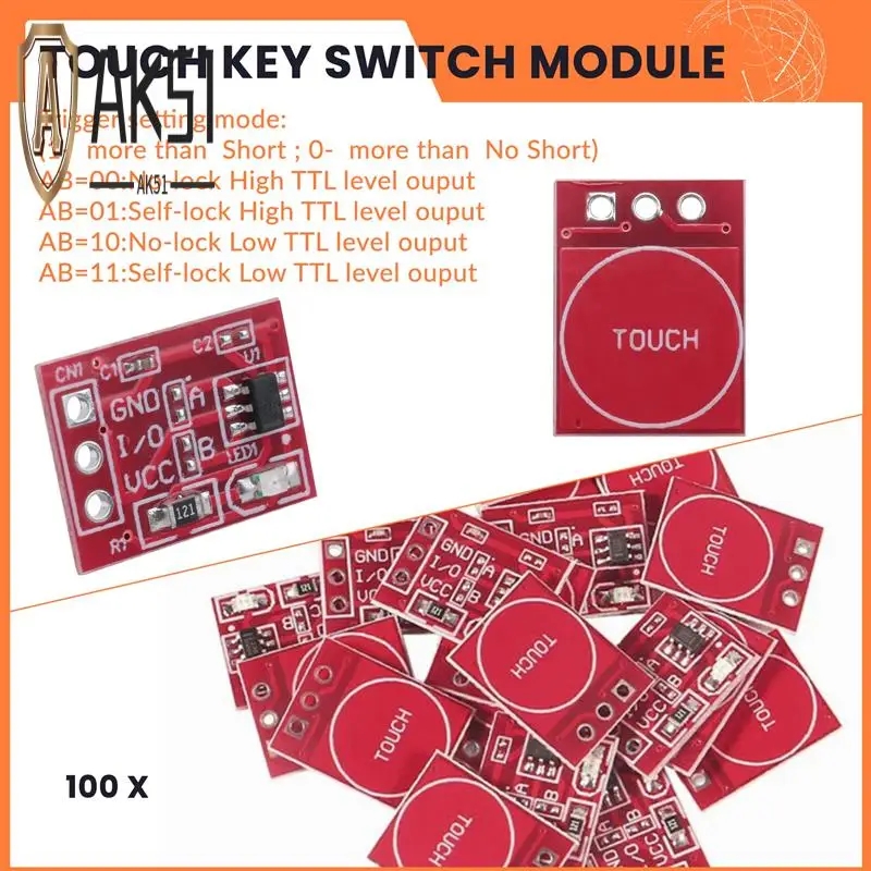 

AK51-100Pcs TTP223 Модуль сенсорного переключателя с сенсорной кнопкой Тип конденсатора Одноканальный самоблокирующийся сенсорный переключатель