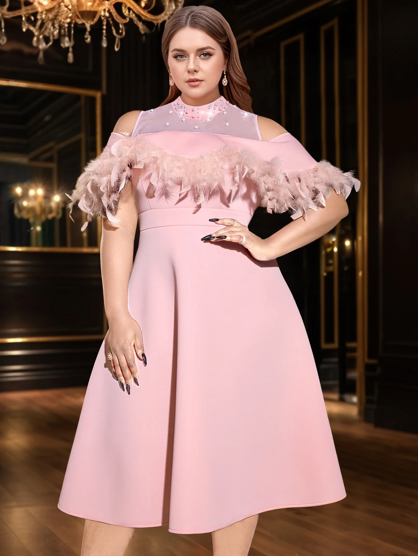 ONTINVA Women Pink Elegant A-Line Party Dress Mock Neck Beading Mesh Patchwork Feather High Waist Princess Prom Gowns Plus Size