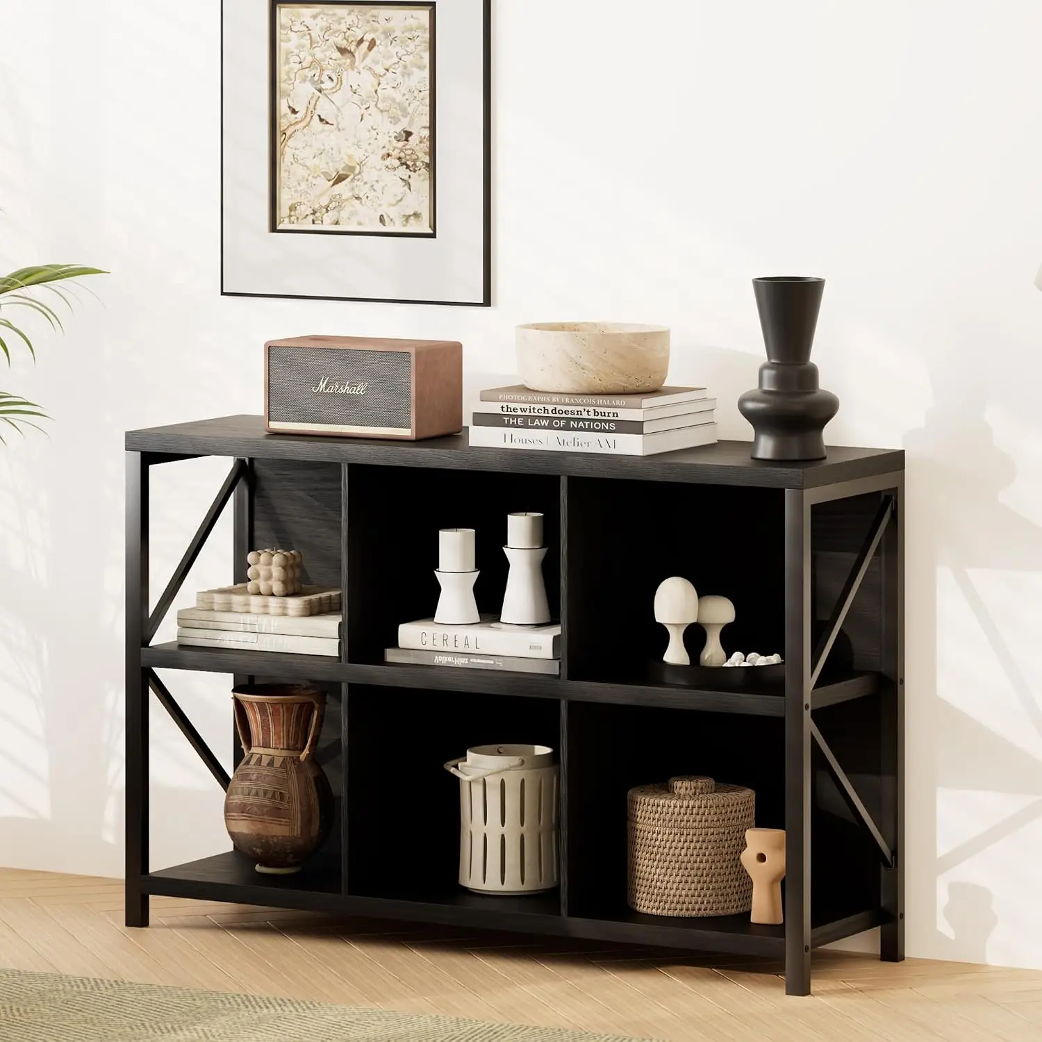 6 Cube Storage Organizer Bookshelf, Industrial Horizontal Bookcase, Accent Cubby Shelf, Media Console Table for Living Room, Hom