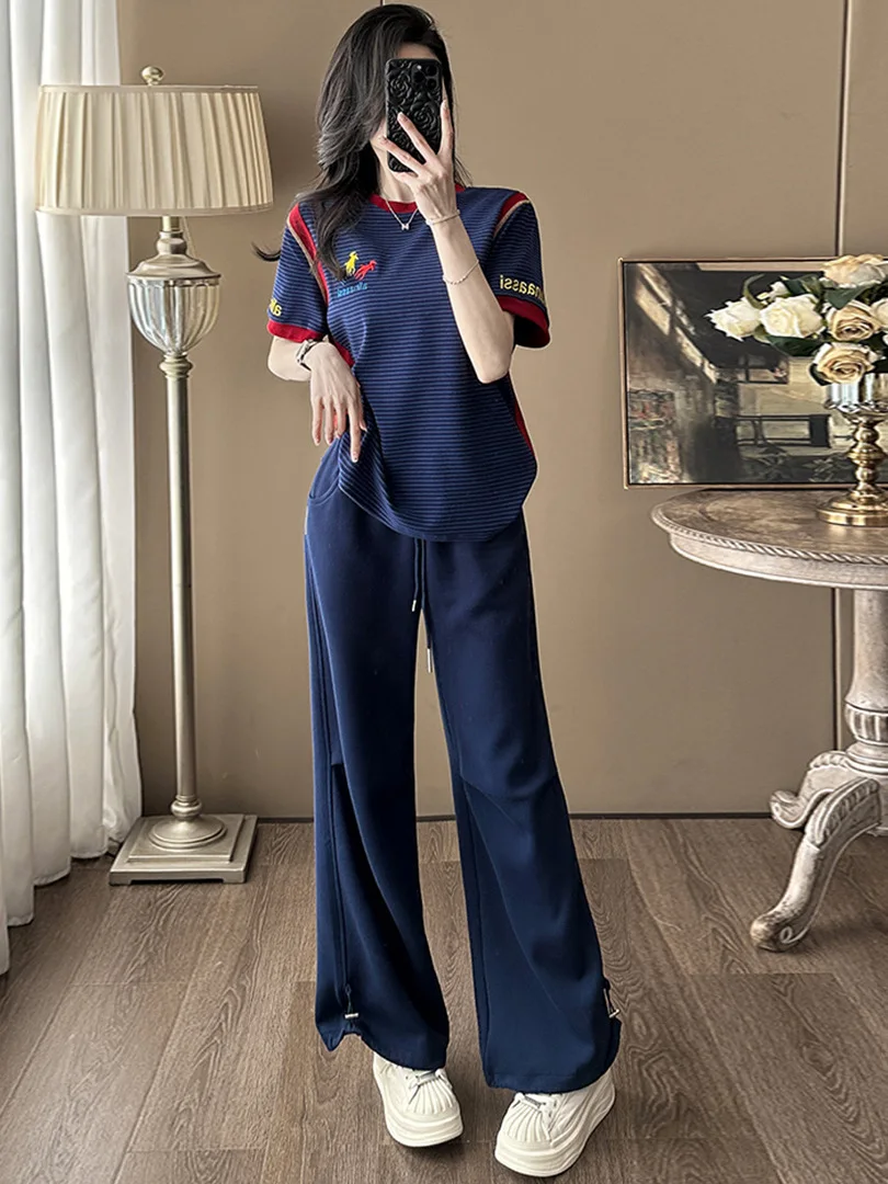 

Модный корейский повседневный спортивный комплект: женская футболка с коротким рукавом и брюки-палаццо, летний костюм-двойка для создания молодого образа