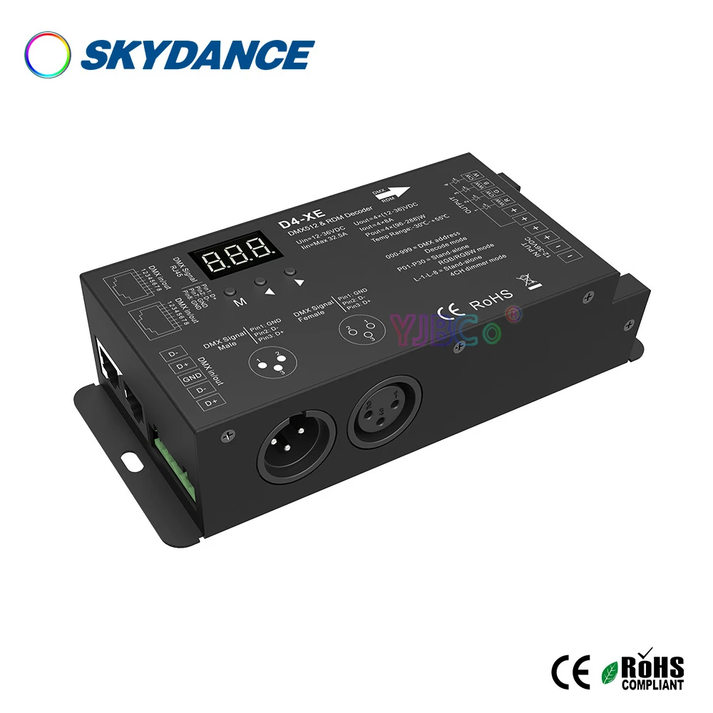 Skydance-decodificador RDM y DMX 512, 4 canales, 250 ~ 1600Hz, pantalla Digital, 12V-36V, 24V, 8A/CH, D4-XE para tira de luz LED RGB RGBW de un solo