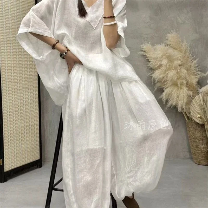 

Loose Ramie Set For Women Large Size With Bat Sleeves V-neck Cotton Linen T-shirt Casual Lantern Pants Two-Piece Set For Summer