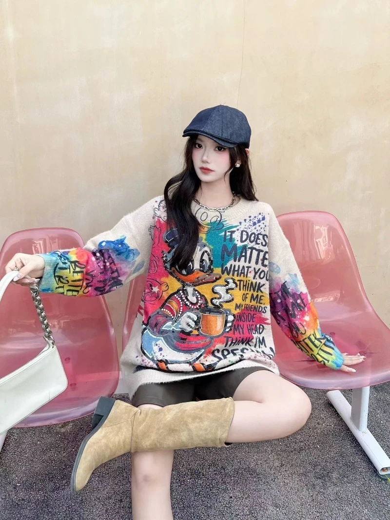 الكرتون طباعة طويلة الأكمام س الرقبة محبوك سترة للنساء الخريف بلوفر شتوي فضفاض المتضخم التخسيس تريكو ملابس خارجية