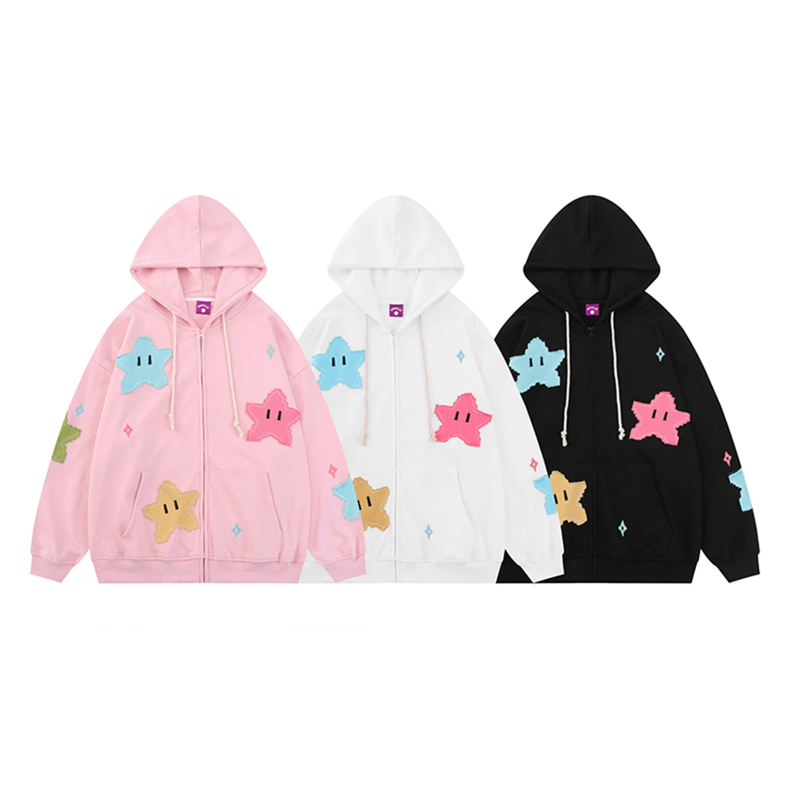 Imagem -02 - Hoodies de Manga Comprida Feminina Jaqueta Cardigan com Zíper Outwear Solto Patchwork Estrela Colorida Moletons Quentes Casuais Inverno 2024