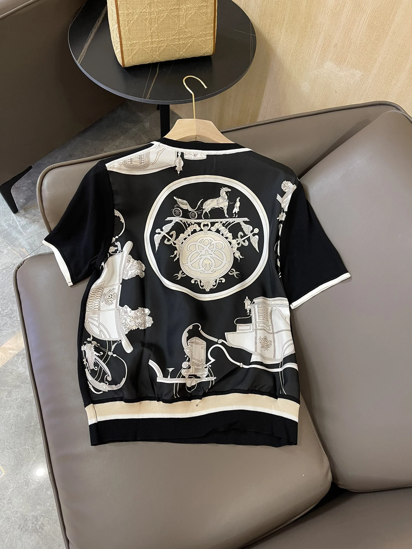 3.20 Women High Quality 100% Real Silk Print Spliced Tee Fashion Round Neck Short Sleeve Comfortable Casual T-Shirt