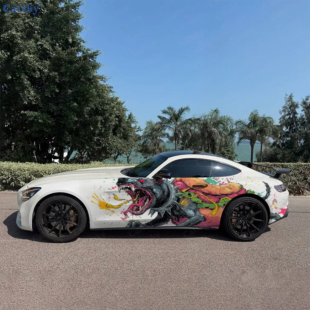 2pcs Weird Graffiti Demon Dog Vibe, Durable, Fade-resistant, Enhance Vehicle Aesthetics With Bold Artistic Design Car Vinyl Wrap