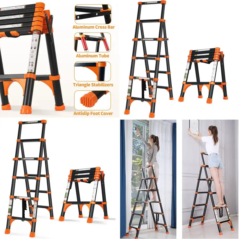 Compact Aluminum Telescopic Ladder with 1-Button Retract, Lightweight & Portable for Home and RV, 330lb Load, 1.4-1.7M Adjustabl