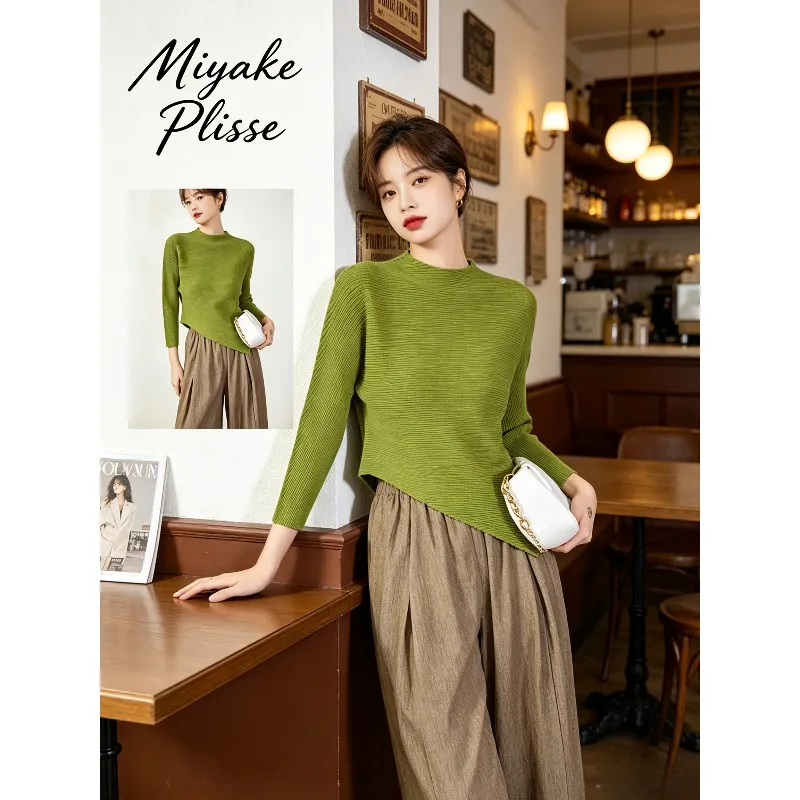 Miyake Pleated 2026 Simple Fashion Solid Color Pleated Top Loose Casual Versatile Irregular Long Sleeve Design Shirt for Women