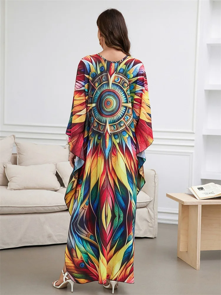 Elegancka damska damska Plus Size Kaftan 2024 letnia sukienka z dekoltem w stylu Boho z dekoltem w szpic seksowna okrycie plażowe sukienka Q1588