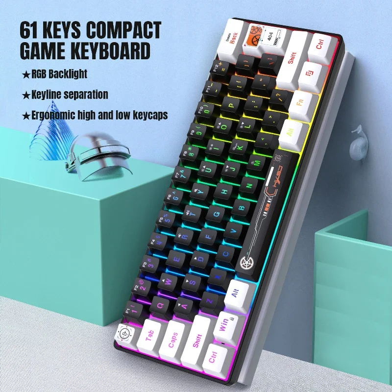 Wired keyboard backlit ultra compact 61 keys keyboards for  RGB ergonomic membrane color gaming 60%  key board pc  (white black)