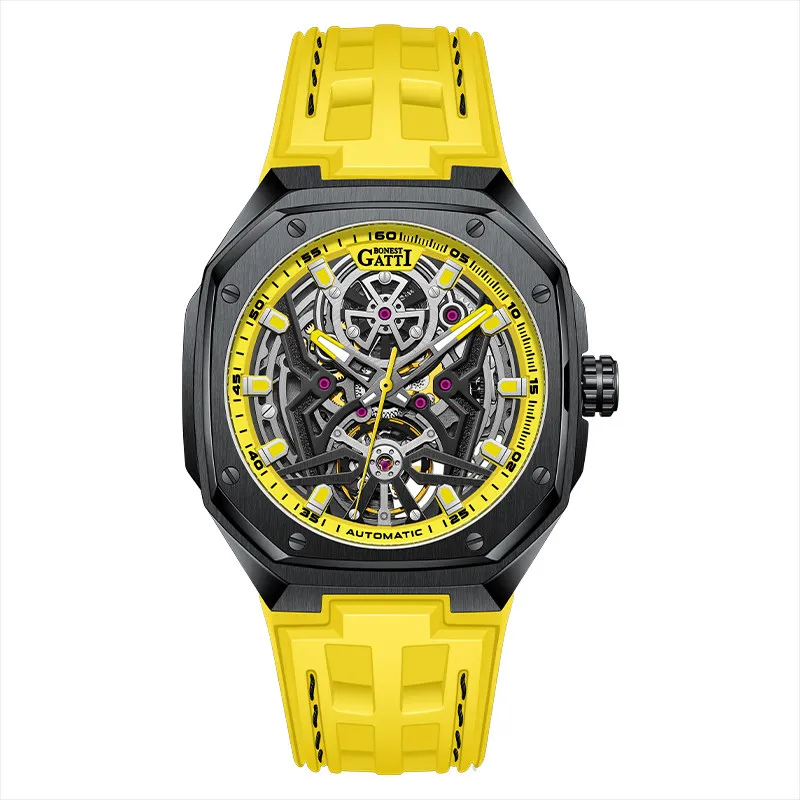 BONEST GATTI Men Automatic Watch 43mm Square Mechanical Wristwatch Sapphire Mirror Luminous Skeleton Dial Fluororubber Strap