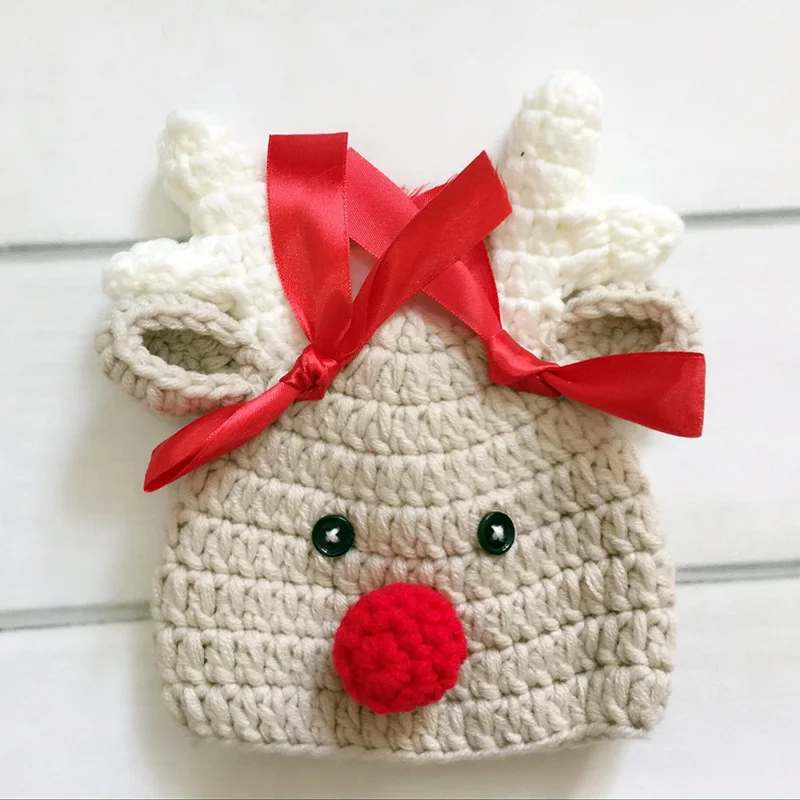 Christmas Baby Hat Adorable Reindeer Hand Crochet Beanie Newborn Boy Girl Knitting Hats Photo Props Xmas Santa Knitted Bonnet