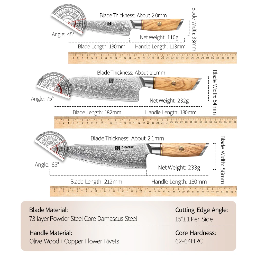 XINZUO 3PCS Knife Set 73 Layers Damascus Steel Razor Sharp Blade 14Cr14MoVNb Powder Steel Olive Wood Handle