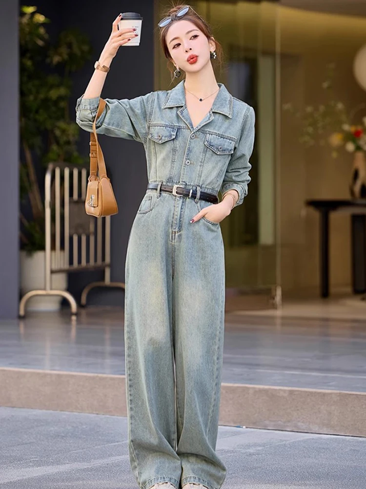 Tuta di jeans semplice alla moda in stile americano autunno donna manica lunga monopetto dritto generale streetwear femminile