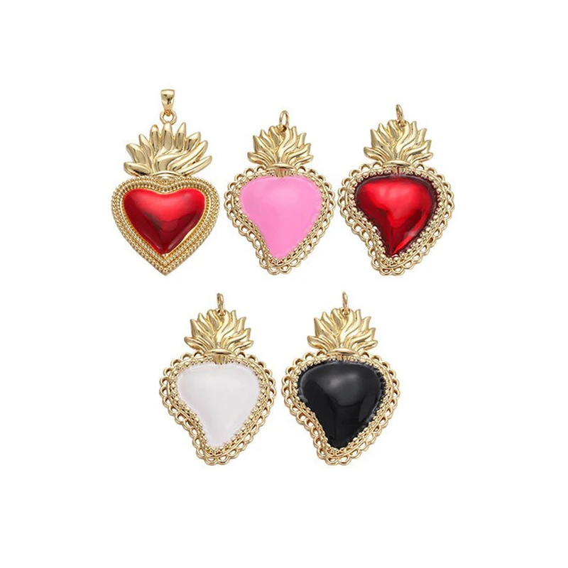 

2 Pieces Enamel Love Heart Pendant for Diy Necklace Earring Making Accessories Copper Gold Plated Hollow Lace Jewelry Wholesale