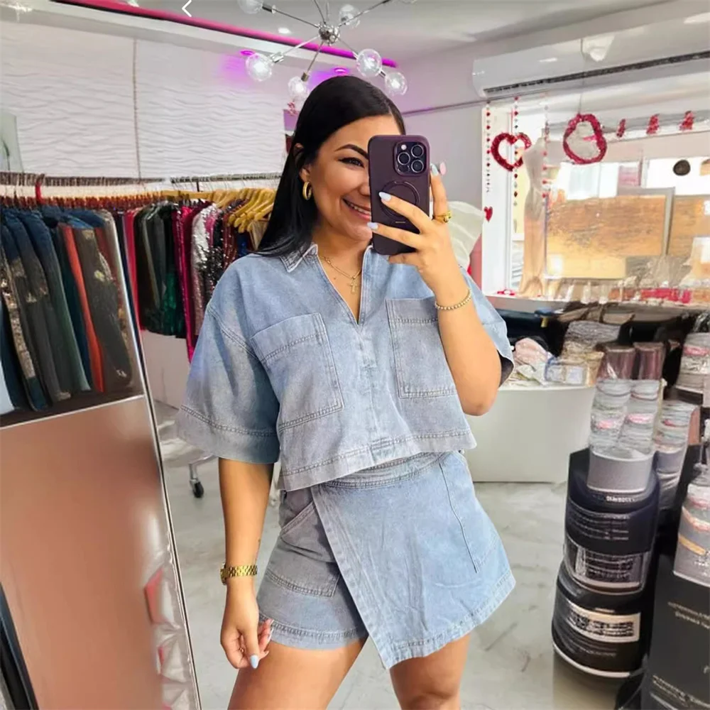 Summer Blue Denim Shorts 2 Piece Set for Women Casual Polo Collar Short Sleeve Crop Shirt and Irregular Skirt Shorts with Pocket