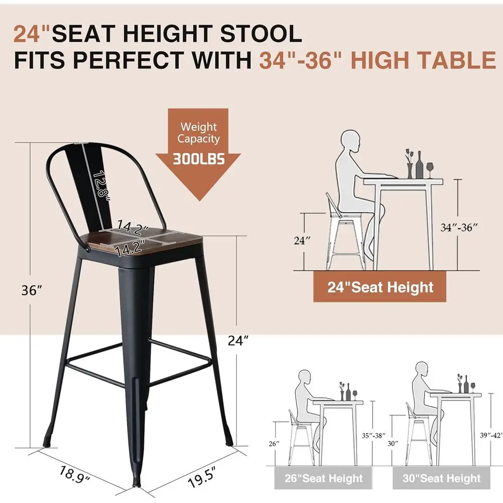 24 Inch Bar Stools Set o 4, Industrial Counter Height Barstools High Back Metal Bar Stools with Large Wood Seat Bar Chairs or Ki - view 2