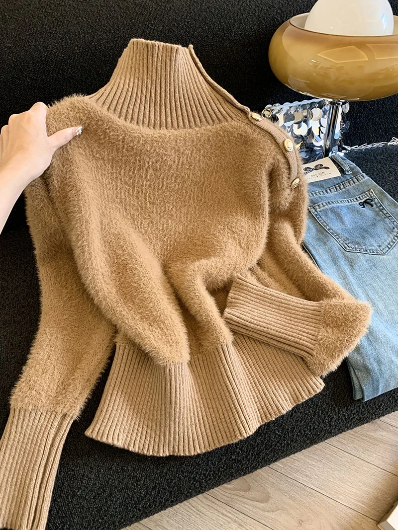 

Утолщенный теплый свитер с высоким воротником в ленивом стиле для женщин осенью и зимой, роскошный, повседневный, универсальный, вязаный свитер с талией