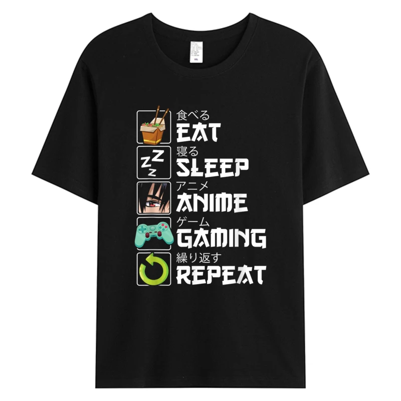

Eat Sleep Anime Gaming Repeat T-shirt Men Kawaii Otaku Anime Manga Tshirt Men's Cotton Graphic Tee Shirt Funny Clothes Slim Fit