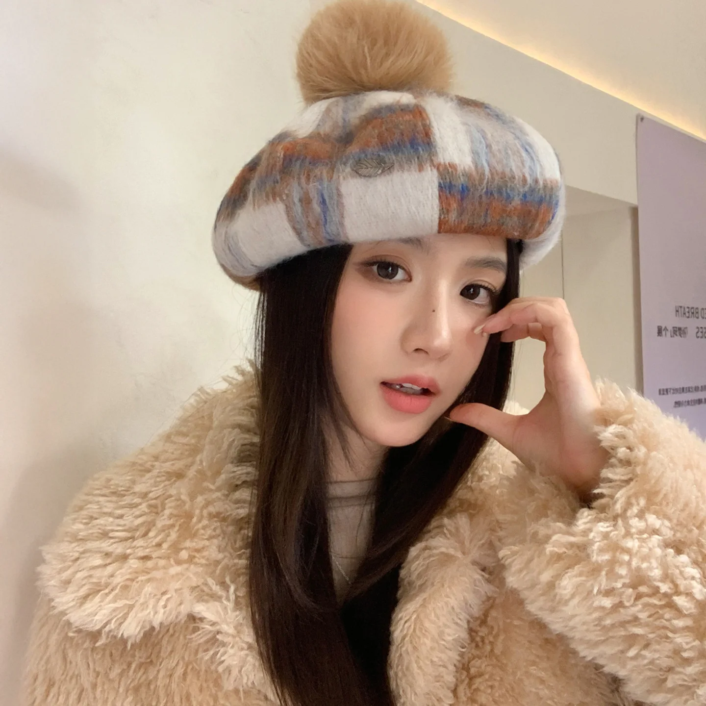 Korean Retro Woolen Plaid Beret Women's Autumn and Winter 2026 New Large Fur Ball High-end Newsboy Painter Hat