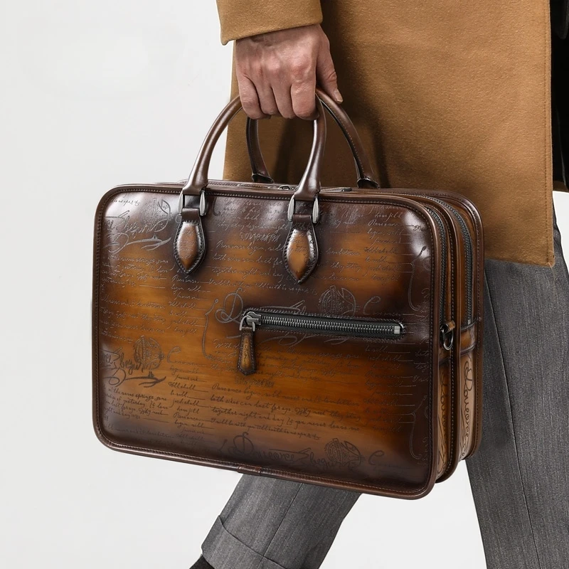 DIMY 2025 briefcase men's leather business niche handmade color retro men's bag double-layer large capacity computer bag handbag