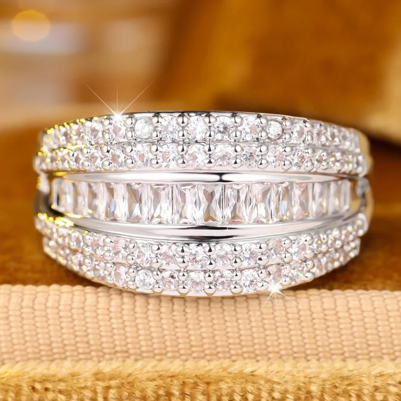 European and American Luxury Zircon Wide Ring with A Central Ladder Diamond and Elegant Personalized Accessories on Both Sides