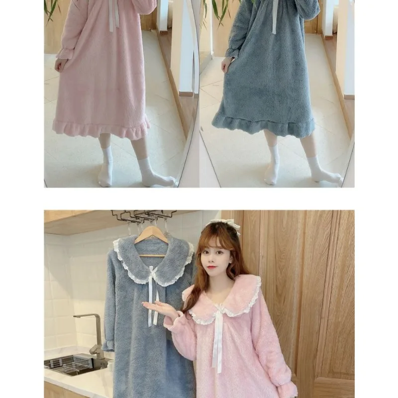 Coral Velvet Long Sleeve Sleeping Dress Female Autumn  Winter Thickening  New Sweet Net Red Explosive Pajama Women's Home Wear