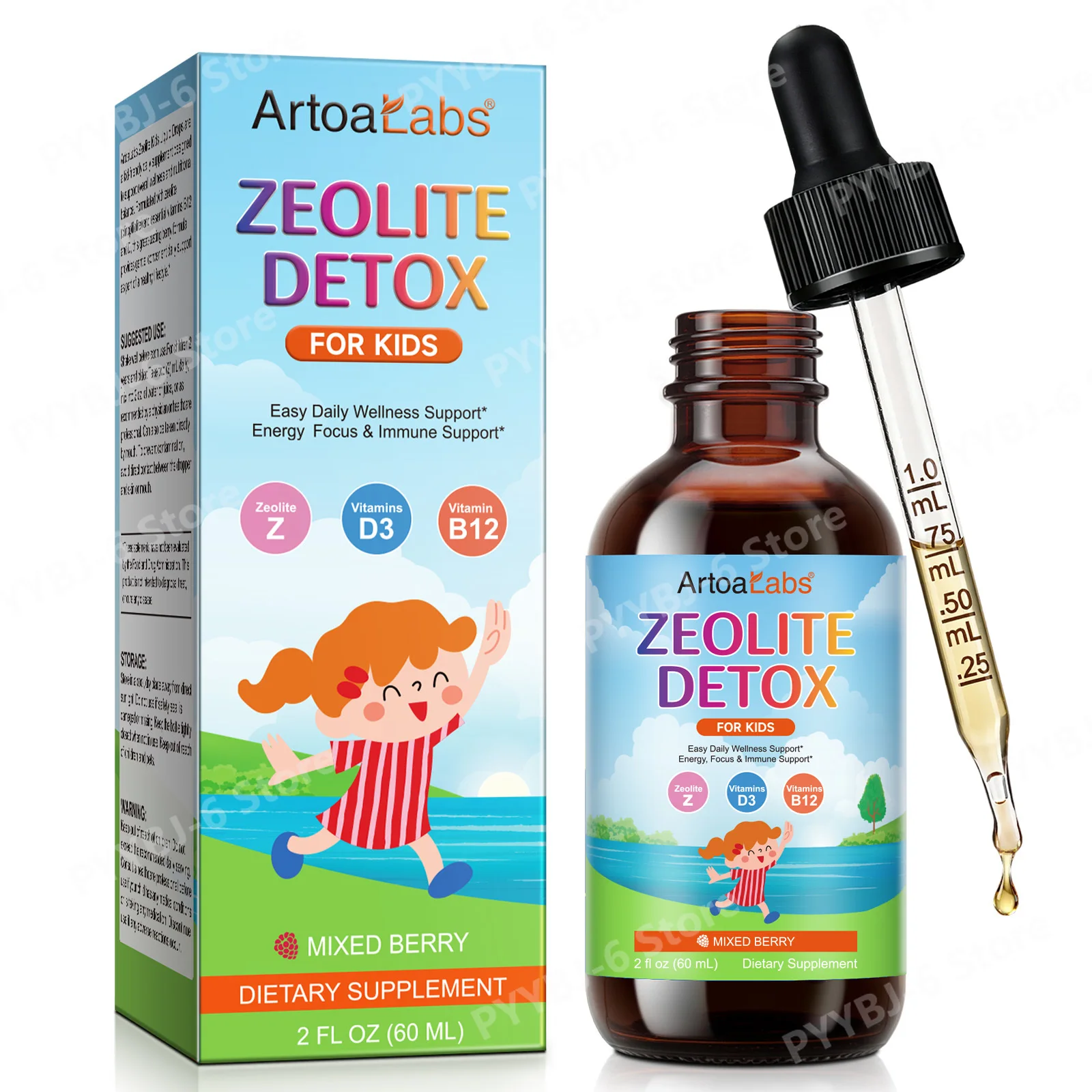 ArtoaLabs Zeolite for Kids Liquid Drops 60ml Supports Immune Function and Bone Health, Vitamin D and B12 Mixed Berry30 Servings