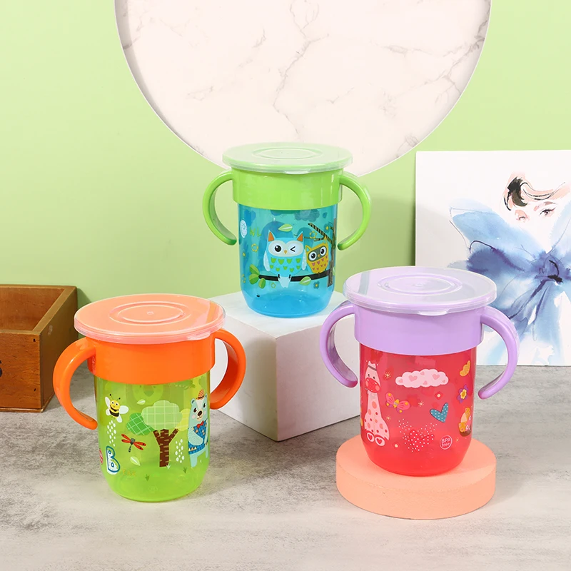

Baby Water Cups 360 Rotated Cartoon Baby Learning Drinking Cup With Double Handle Flip Lid Leakproof Infants Bottle