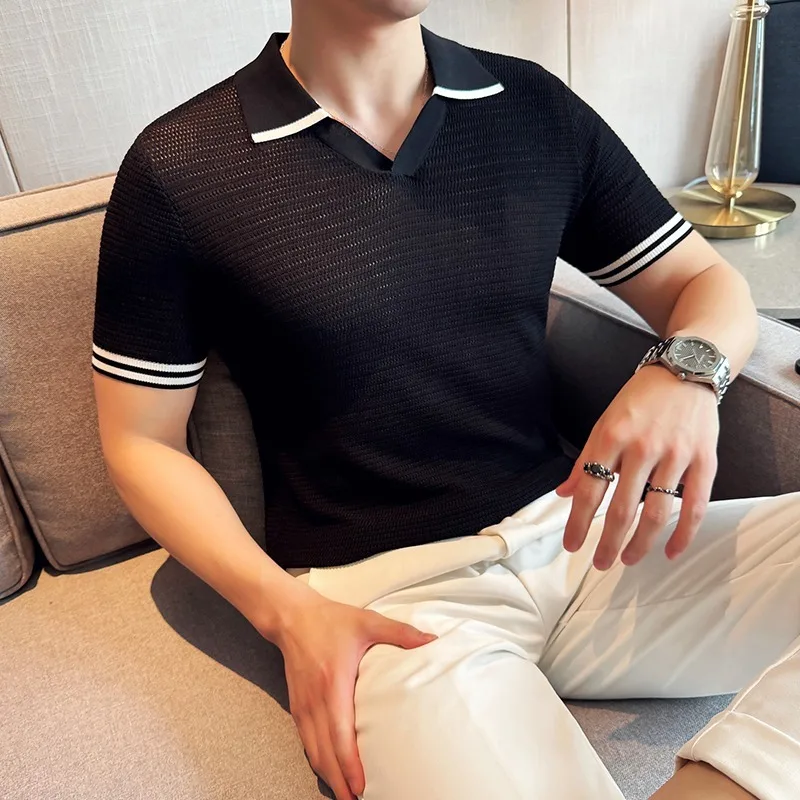 Summer Thin Ice Silk Polo Shirts Men Fashion V-neck Casual Knitted T-shirts Business Lapel Tee Social Office Streetwear Polo image 3