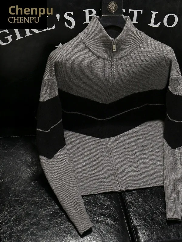 

Casual Men's Knitted Zipper Cardigan Autumn Winter New Sle Color Blo Design Stand Collar Long Sve Sweater Jaet