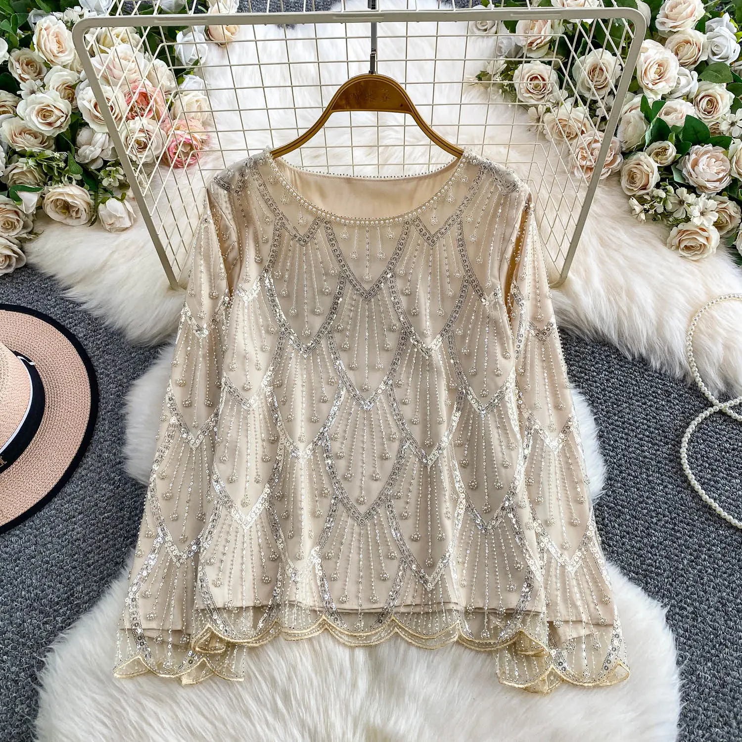 Vintage basics sequin loose long sleeve Blouse Korean Fashion Sexy office lady Shirt  women clothing
