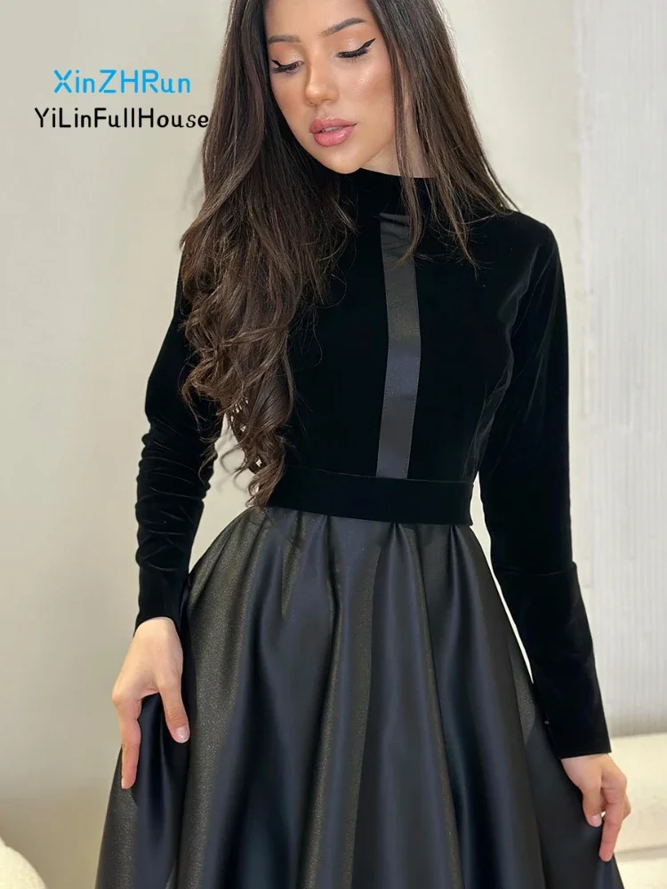 

Autumn Winter Women's Fashionable Round Neck Gold Velvet Collage Long Sleeved Dress Sexy Waist Cinched A-line Large Long Skirt