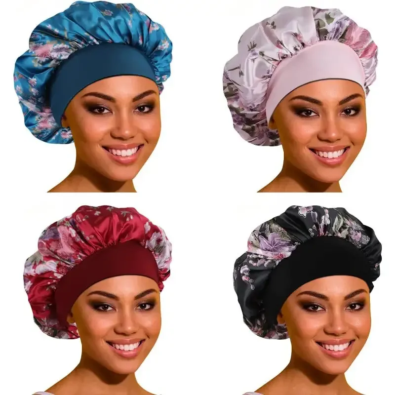 Satin Bonnet Hair Bonnet for Sleeping- 4 Pack Large Silk Bonnets for Black Women with Elastic Soft Band for Hair Care