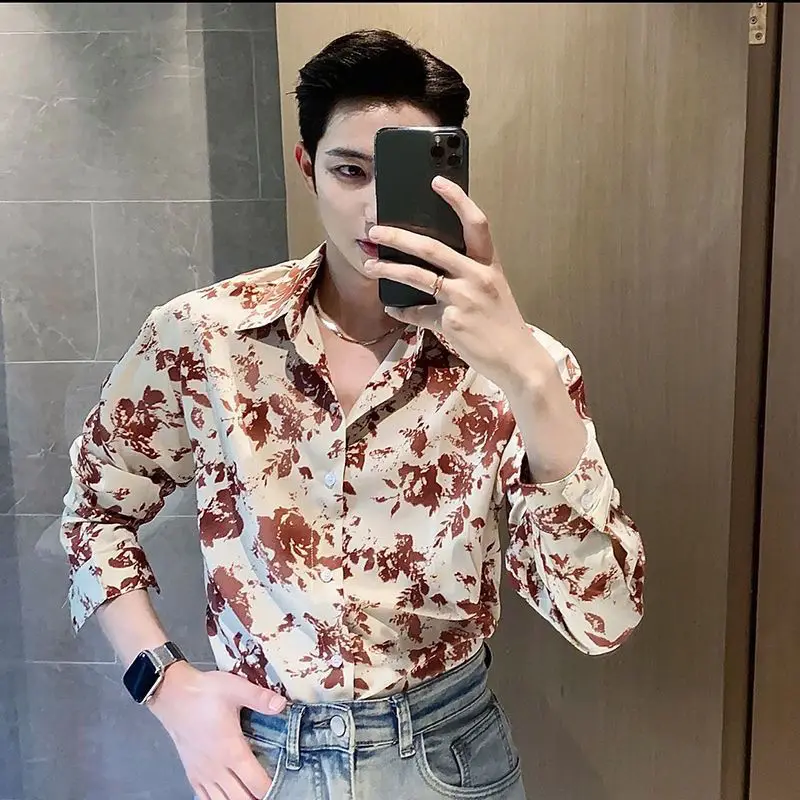 

MenS Casual Loose Long Sleeve Shirt With Floral Print And Ice Silk Fabric For Spring And Summer
