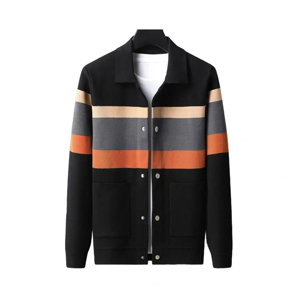 Lapel Knit Sweater Men's Colorblock Cardigan Sweater with Turn-down Collar Pockets Fall Winter for Stylish for Men