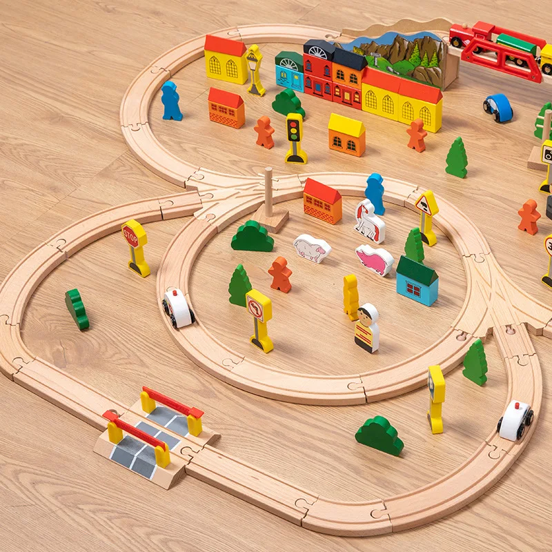 Jouet pour enfants bricolage 101 pièces Puzzle cercle ville Train piste ensemble blocs de construction constructeur Montessori jouets en bois jeux de société cadeau