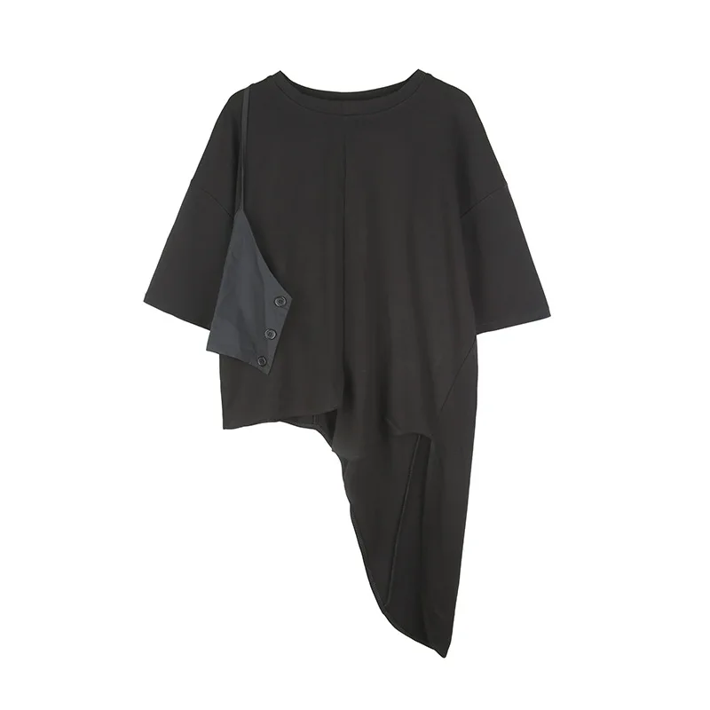 Tannt Women T-shirt Short Sleeve Irregular Black Loose T Shirt For Women Asymmetric Patchwork Fashion Casual T Shirts 2025 New