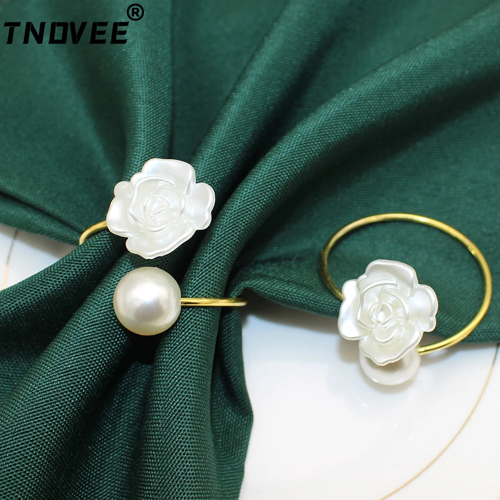 

24Pcs White Pearl Flower Napkin Rings Rose Napkin Holder for Wedding Valentine's Day Bride Shower Dining Table Decor ERF38