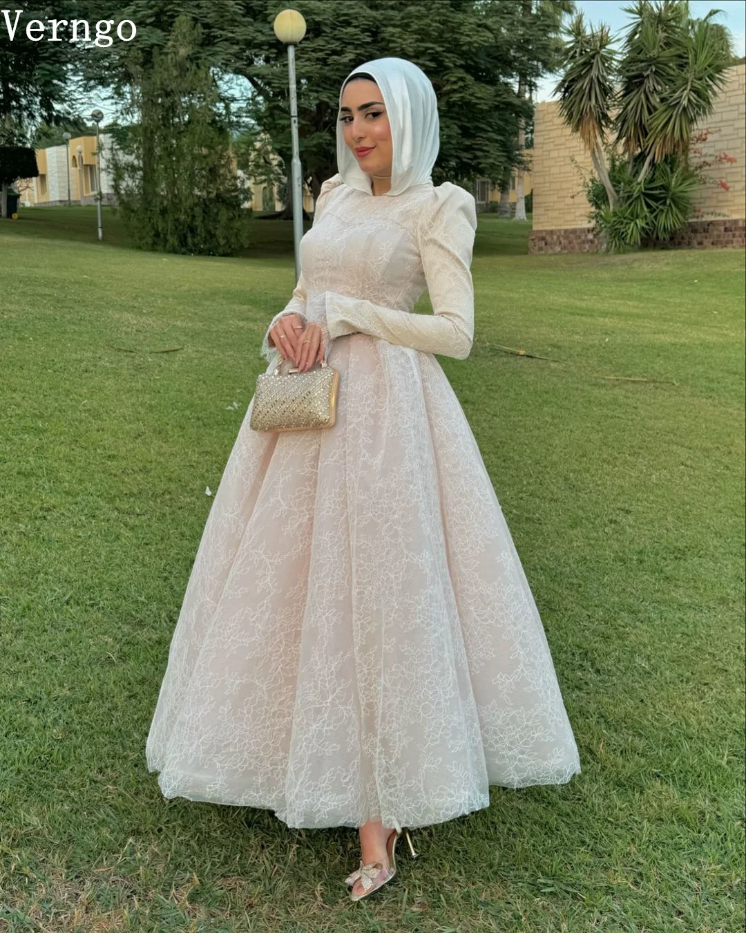 Verngo Champagne Lace Wedding Dress High Full Sleeves Modest Arabic Bridal Gowns Women Elegant Bride Dress Customized