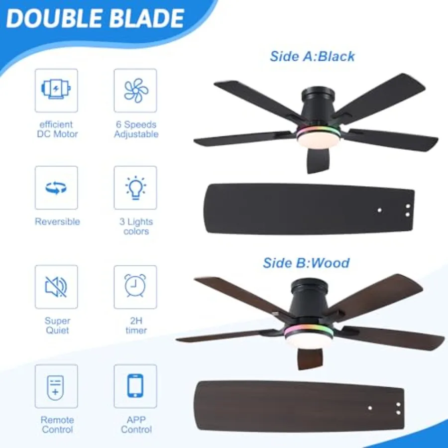 Bedroom and patio ceiling fan application, black ABS and metal material, black color, 52-inch low-profile flush mount with RGB