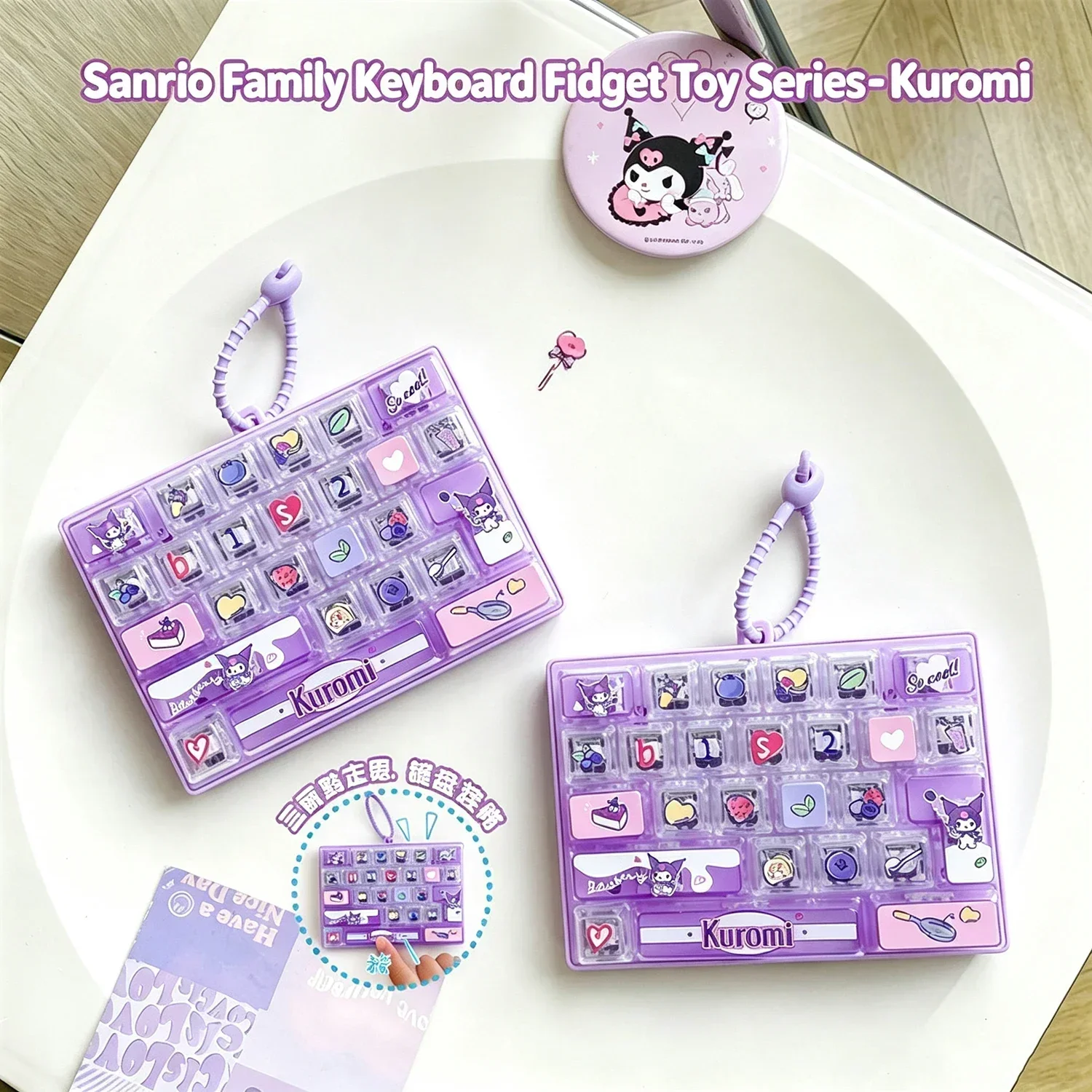 26-key Sanrio Kuromi Keycap Clicker Keychain Keyboard Key Caps Keychains for Bag Charms Cartoon Anti-stress Keycaps Pendant Gift