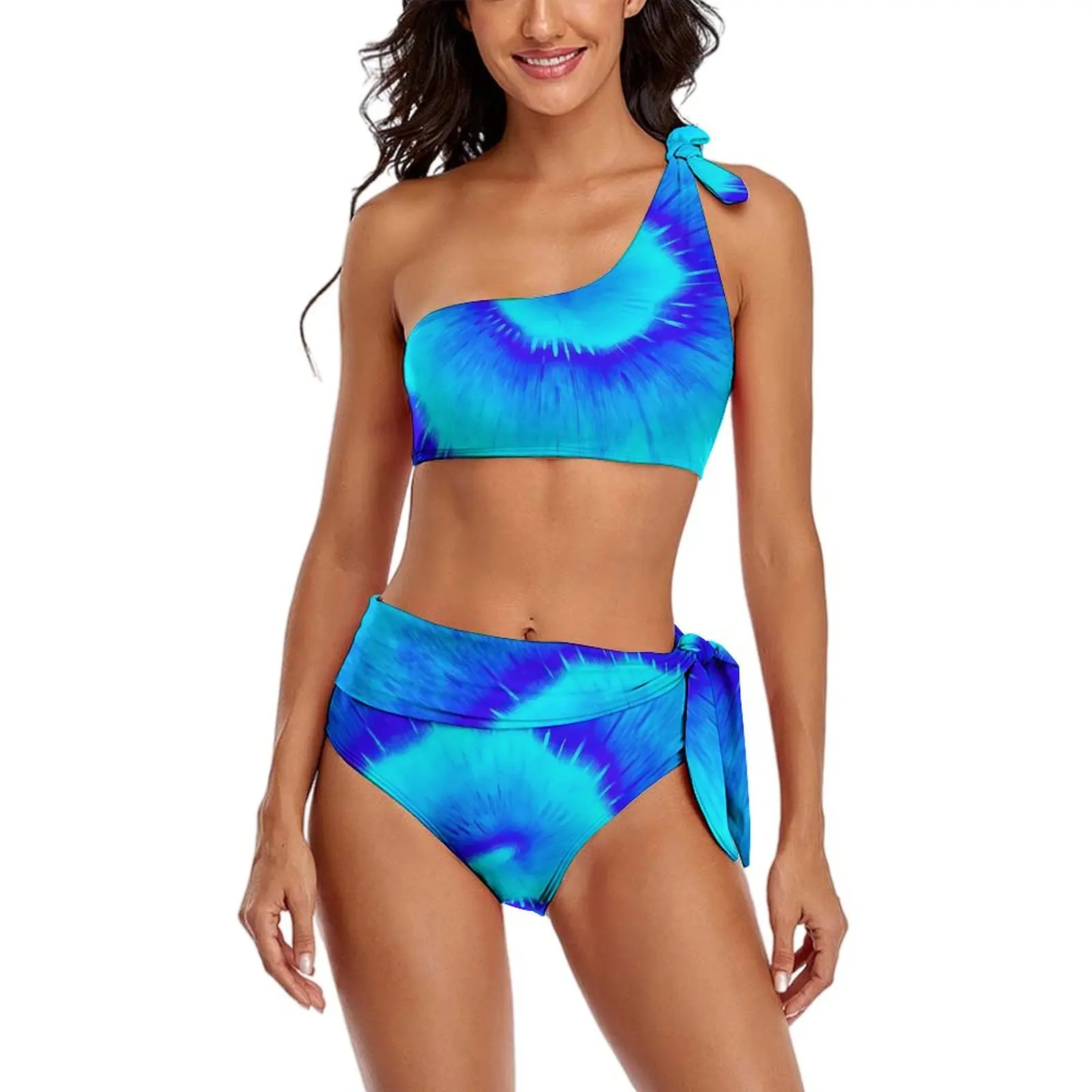 Bikini de remolino Tie Dye para mujer, traje de baño Sexy de color azul, conjunto de Bikini de cintura alta, trajes de baño elegantes