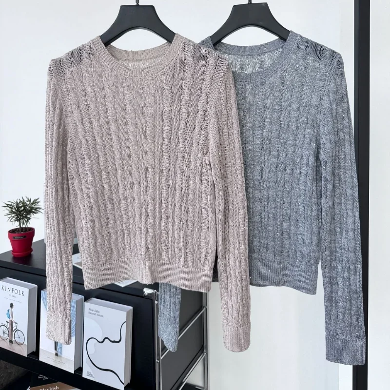 

2024 Early Autumn Women New Pullover Round Neck Long-sleeved Linen Blend Cable Sequined Knitted Casual Solid Color Top