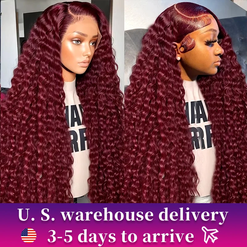 

99J Burgundy Curly 13x6 HD Lace Frontal Human Hair Brazilian Remy Red Color Deep Wave Transparent 13x4 Lace Wig For Black Women