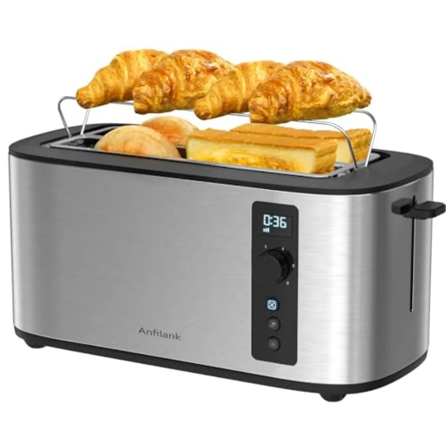 

4-Slice Toaster with Countdown Timer Extra Wide Slots for Bagels and Waffles 6 Browning Settings Removable Crumb Tray Stainless