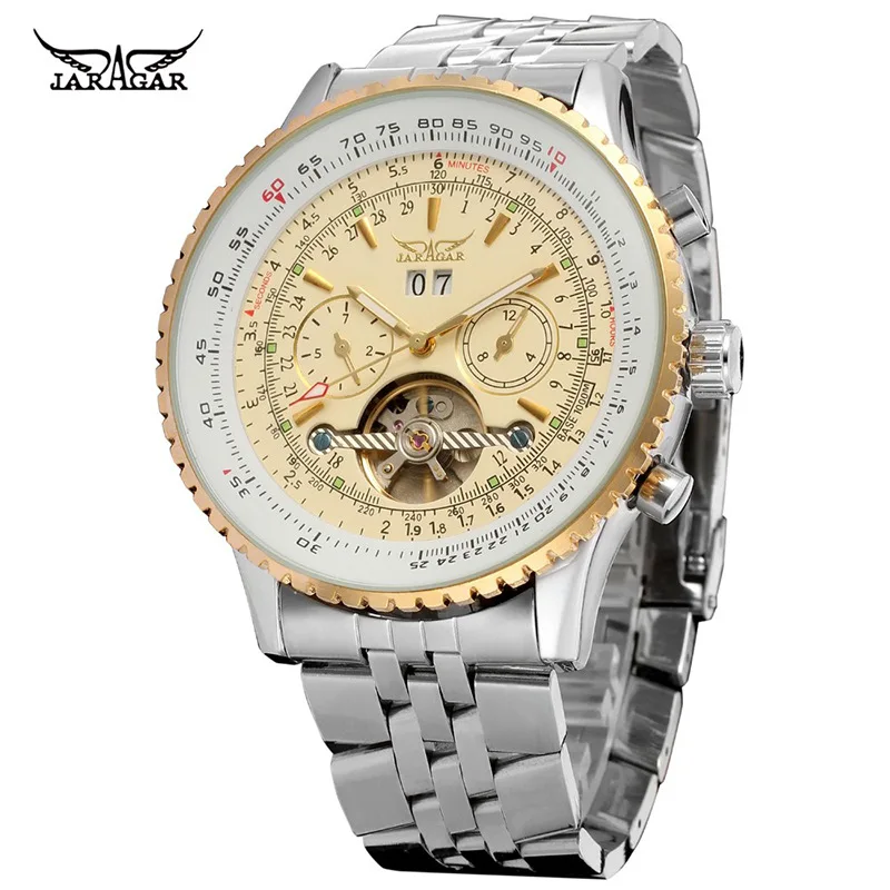 

JARAGAR 034 Fashion Men's Automatic Mechanical Watch Tourbillon Stainless Steel Strap Luminous Calendar Week Business Wristwatch