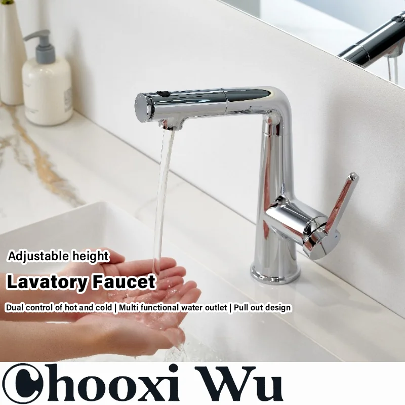Crescent Lifting and Pull-Out Adjustable Washbasin Faucet with Hot and Cold Functions, Adjustable Water Outlet Height, Splash Pr
